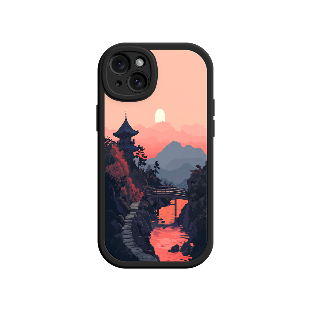 Japanese Sunset Landscape Phone Case – Scenic Pagoda Design for iPhone