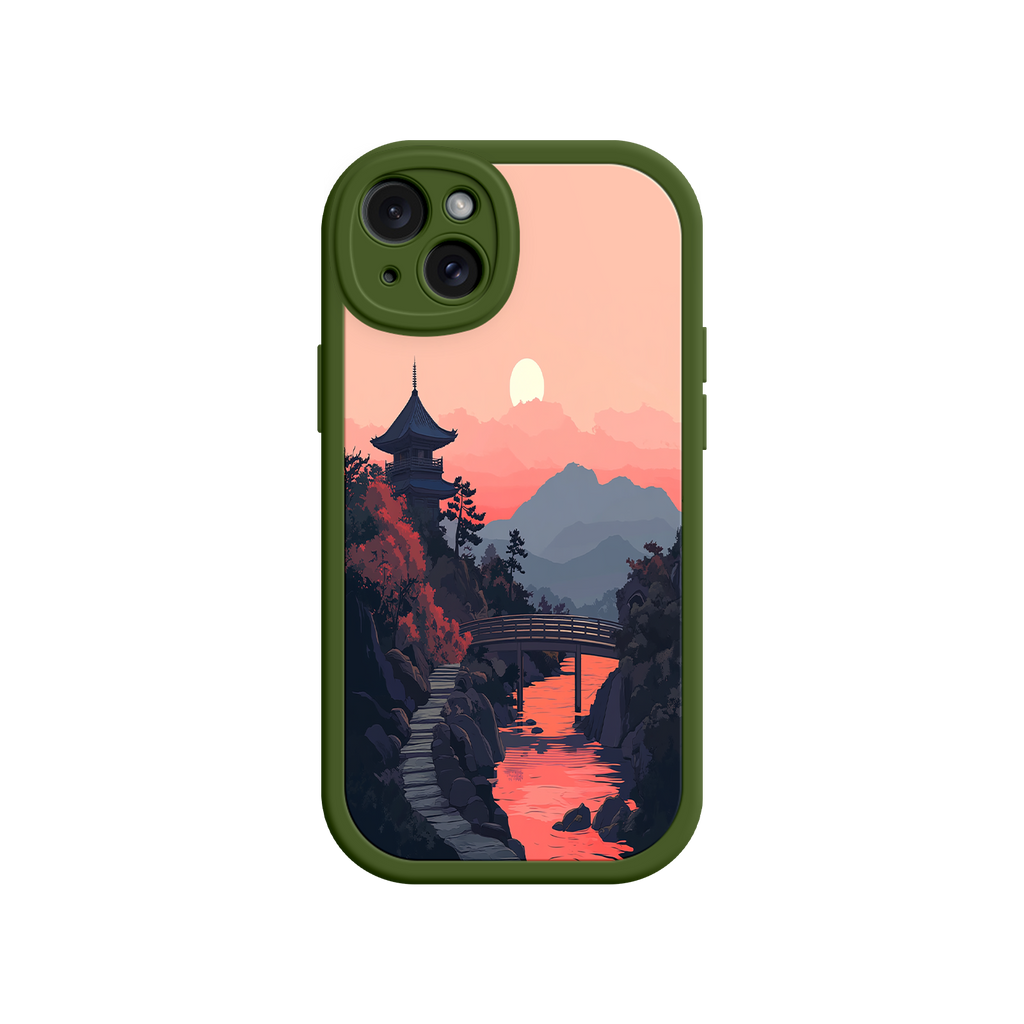 Japanese Sunset Landscape Phone Case – Scenic Pagoda Design for iPhone