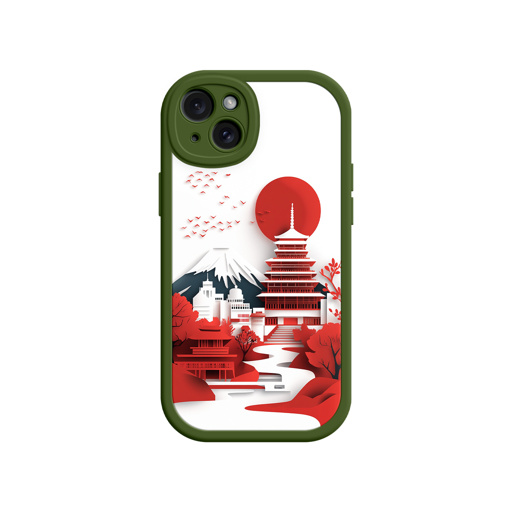 Japanese Pagoda & Mount Fuji Phone Case – Minimalist Red Sun Design for iPhone & Android