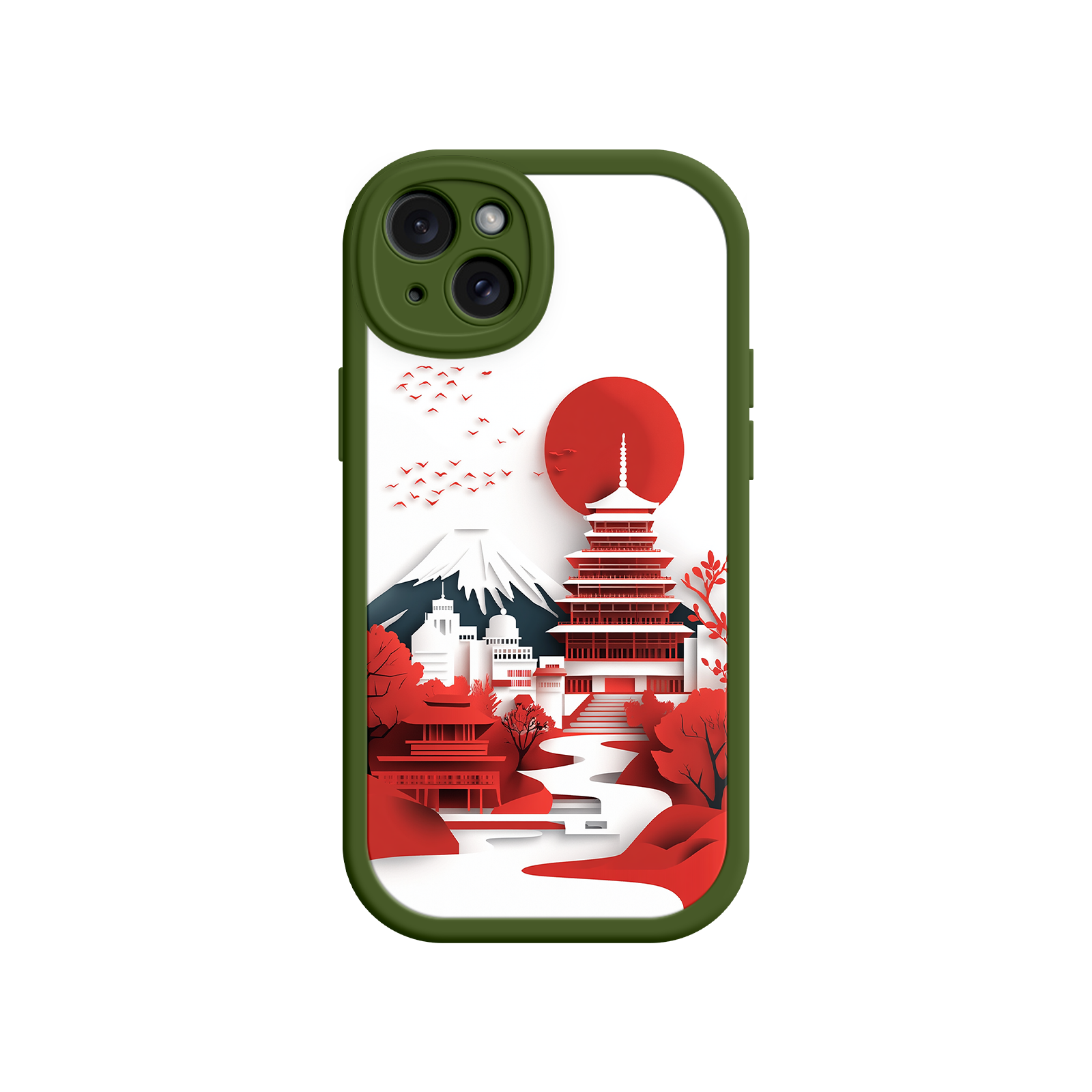 Japanese Pagoda & Mount Fuji Phone Case – Minimalist Red Sun Design for iPhone & Android