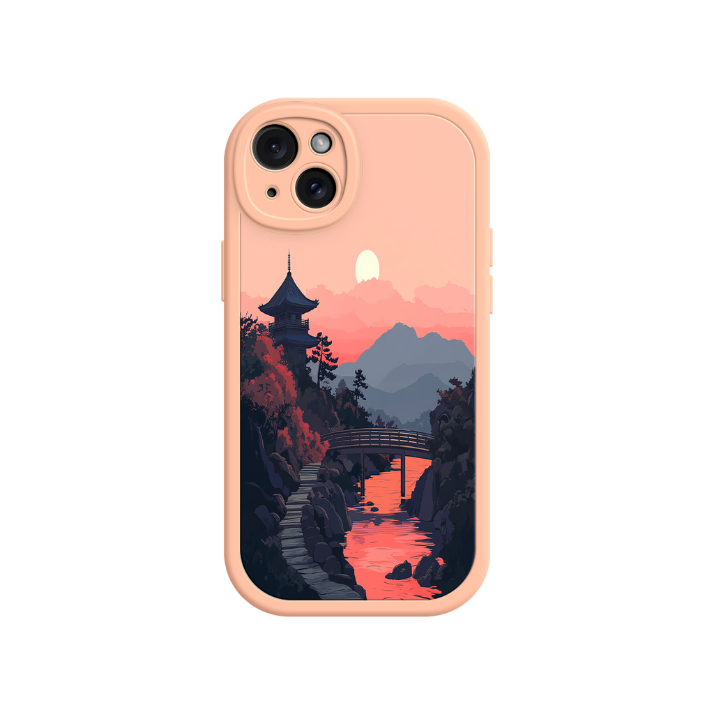 Japanese Sunset Landscape Phone Case – Scenic Pagoda Design for iPhone