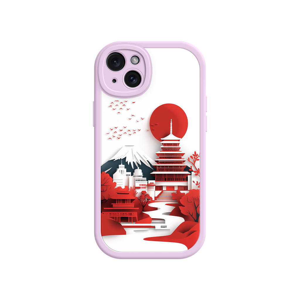 Japanese Pagoda & Mount Fuji Phone Case – Minimalist Red Sun Design for iPhone & Android