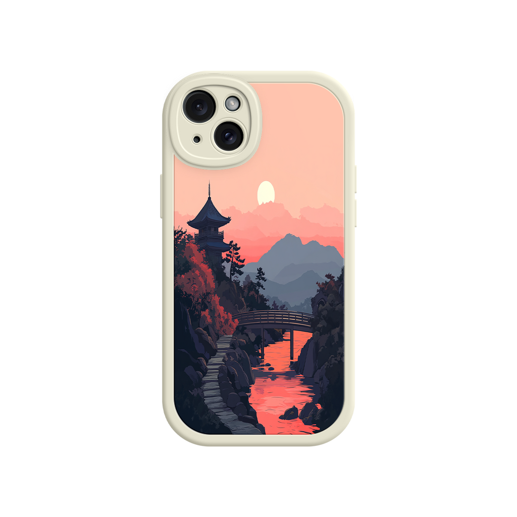 Japanese Sunset Landscape Phone Case – Scenic Pagoda Design for iPhone