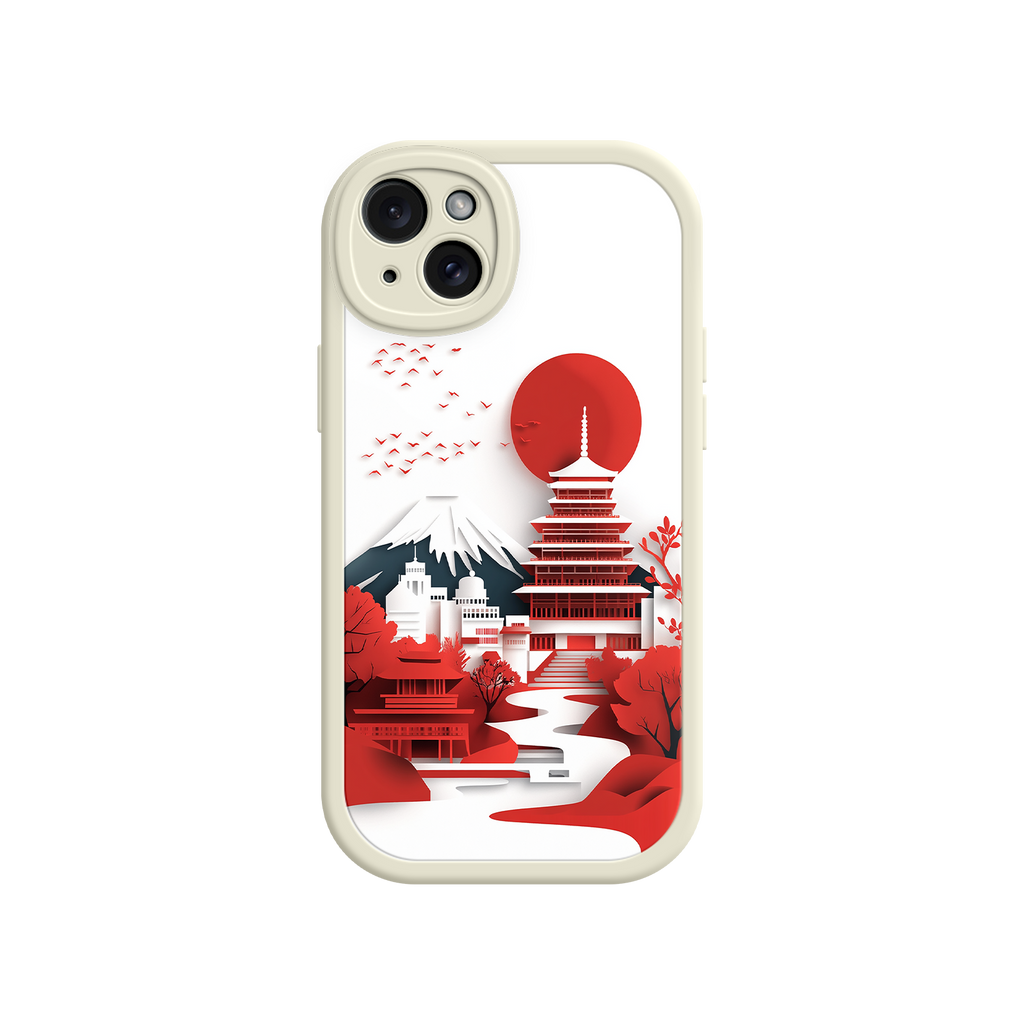 Japanese Pagoda & Mount Fuji Phone Case – Minimalist Red Sun Design for iPhone & Android