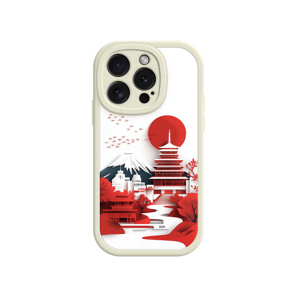 Japanese Pagoda & Mount Fuji Phone Case – Minimalist Red Sun Design for iPhone & Android