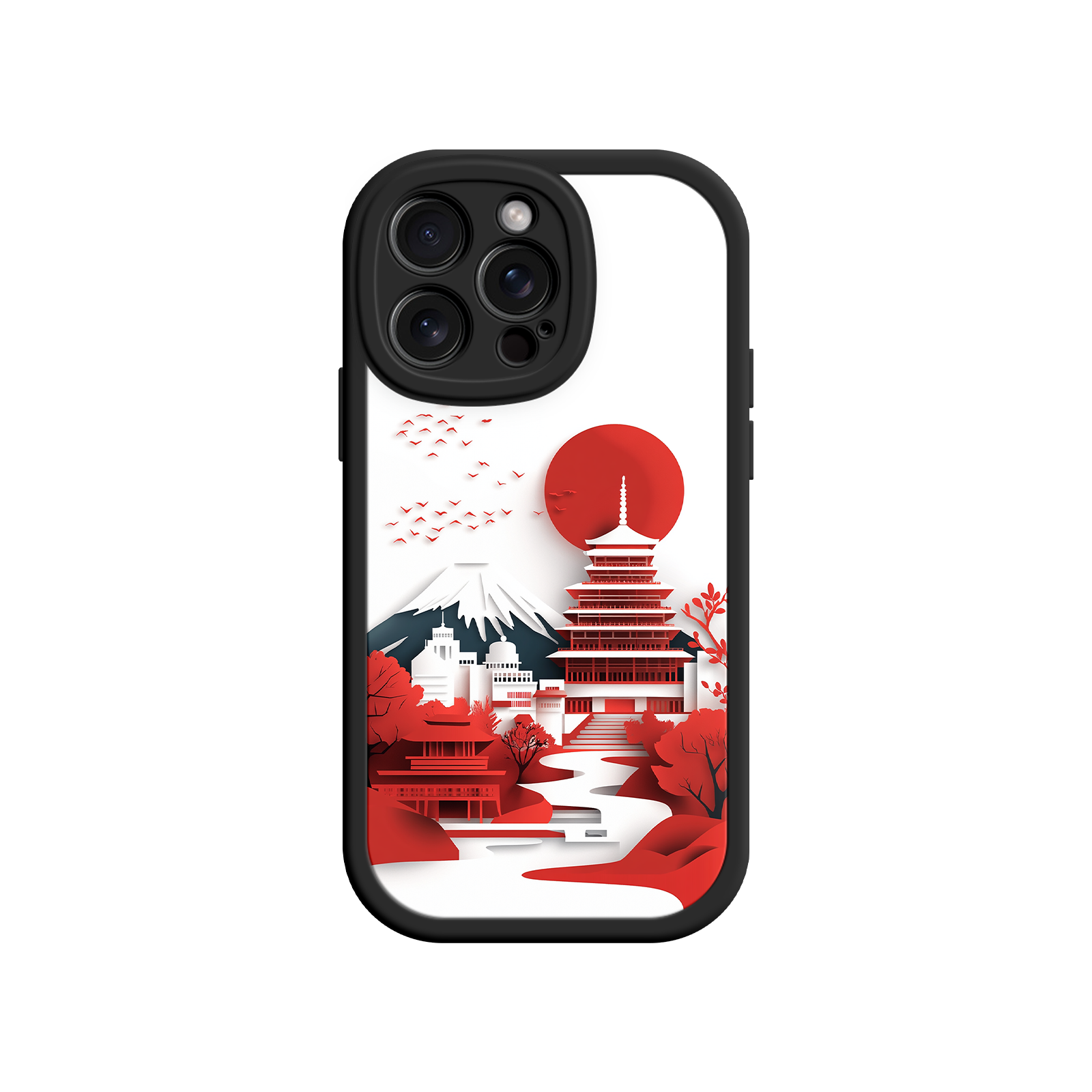 Japanese Pagoda & Mount Fuji Phone Case – Minimalist Red Sun Design for iPhone & Android