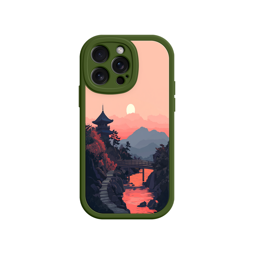 Japanese Sunset Landscape Phone Case – Scenic Pagoda Design for iPhone