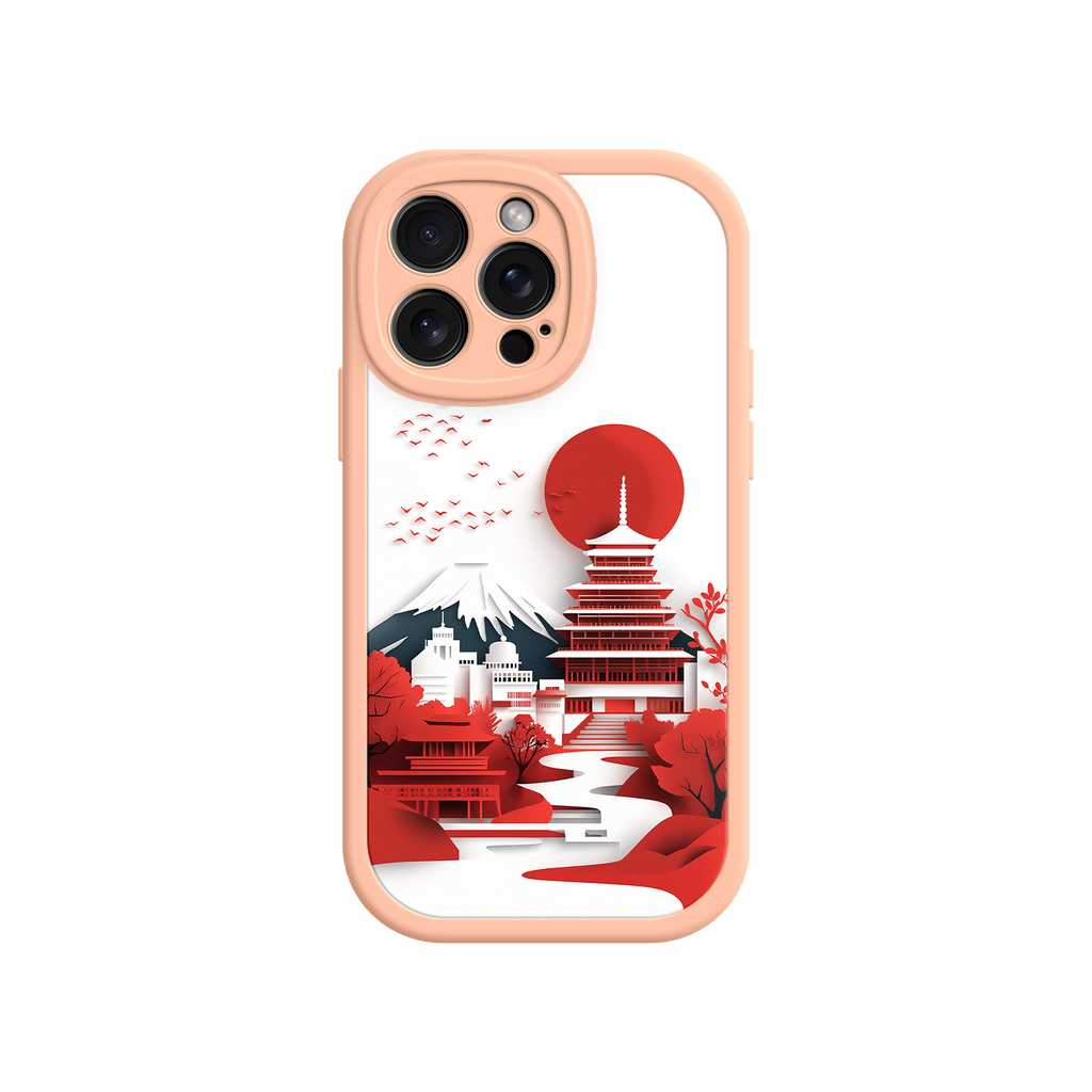 Japanese Pagoda & Mount Fuji Phone Case – Minimalist Red Sun Design for iPhone & Android