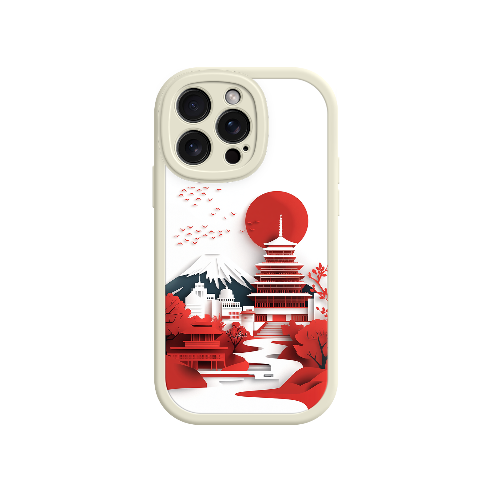 Japanese Pagoda & Mount Fuji Phone Case – Minimalist Red Sun Design for iPhone & Android