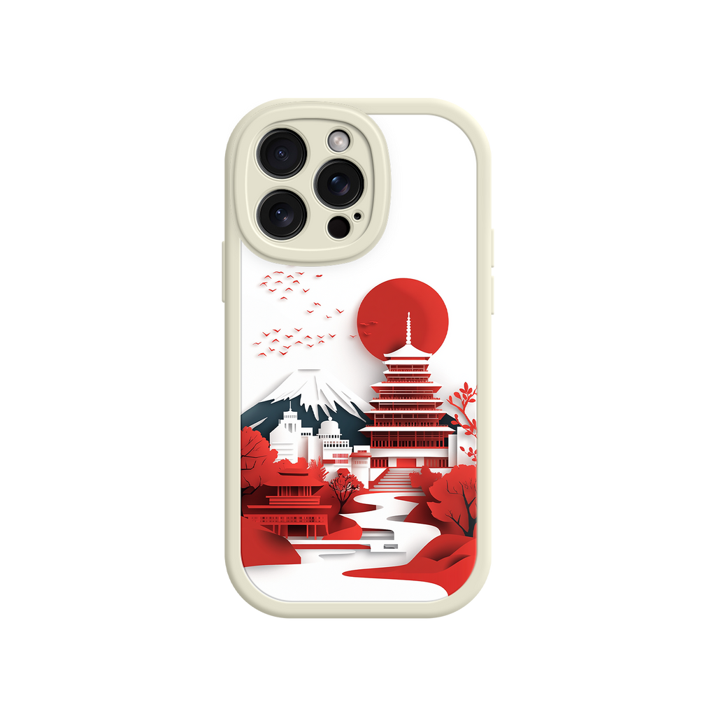 Japanese Pagoda & Mount Fuji Phone Case – Minimalist Red Sun Design for iPhone & Android