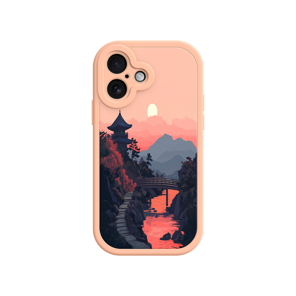 Japanese Sunset Landscape Phone Case – Scenic Pagoda Design for iPhone