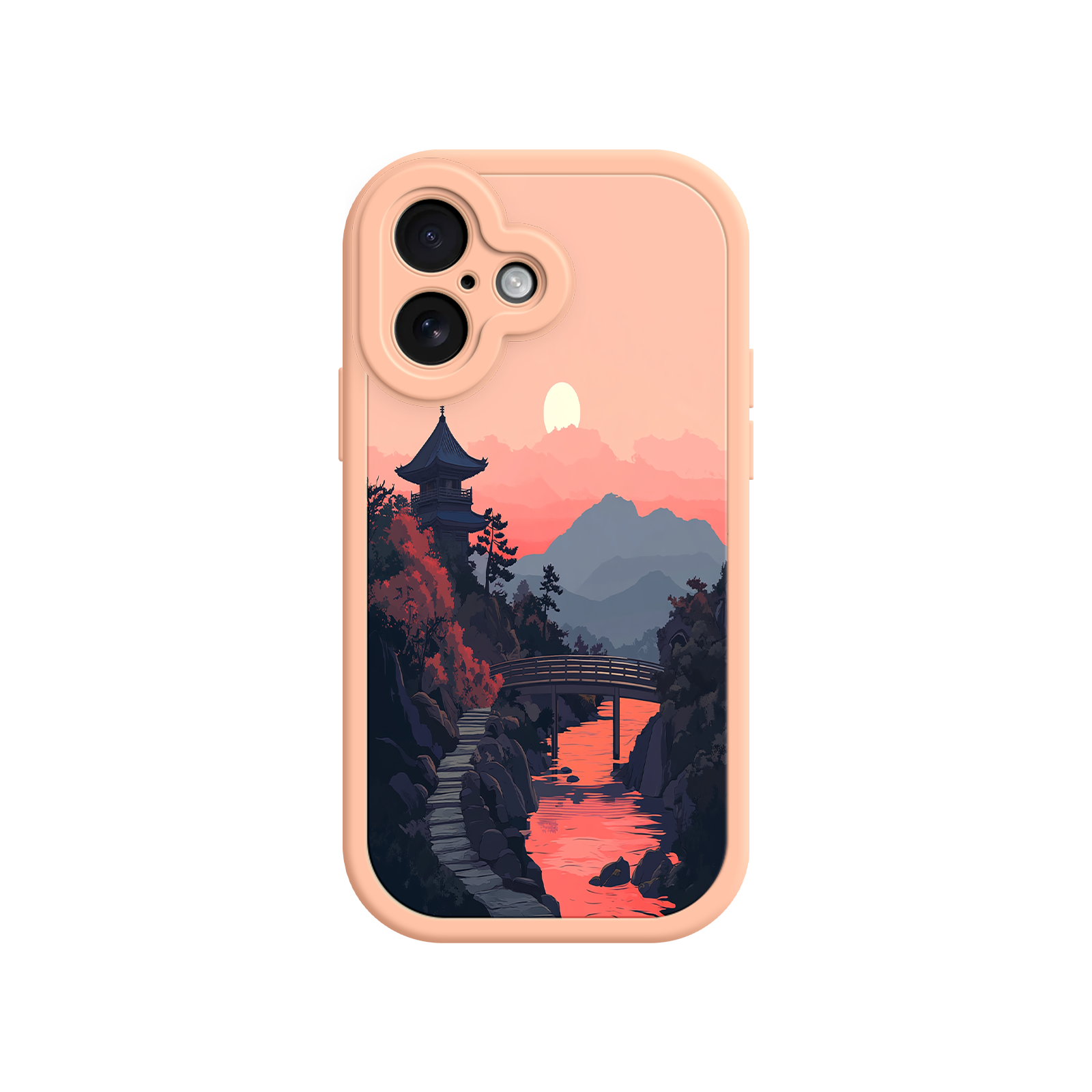 Japanese Sunset Landscape Phone Case – Scenic Pagoda Design for iPhone