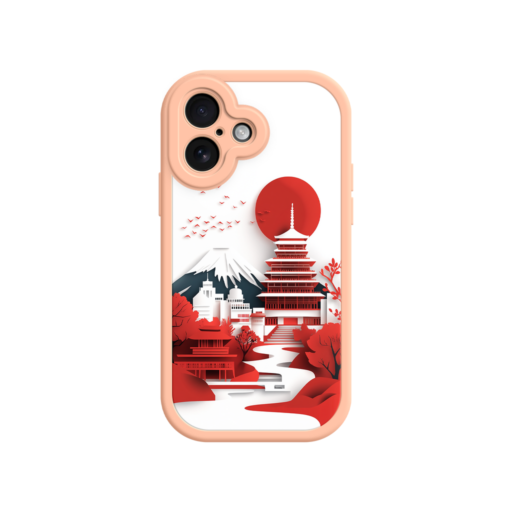 Japanese Pagoda & Mount Fuji Phone Case – Minimalist Red Sun Design for iPhone & Android