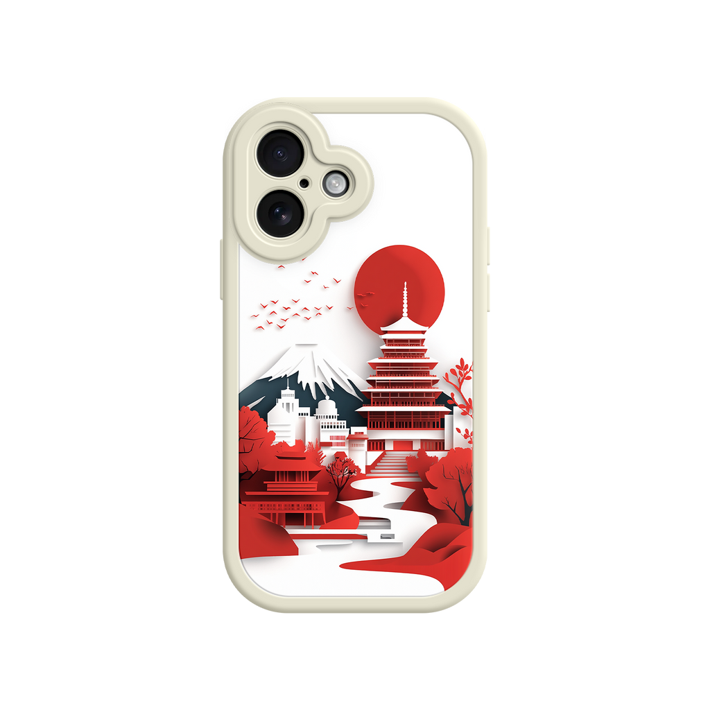 Japanese Pagoda & Mount Fuji Phone Case – Minimalist Red Sun Design for iPhone & Android