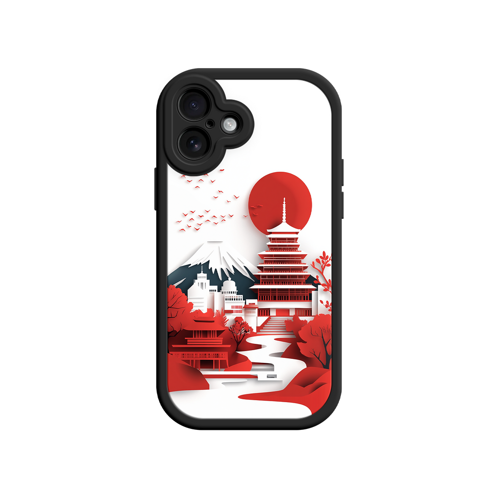 Japanese Pagoda & Mount Fuji Phone Case – Minimalist Red Sun Design for iPhone & Android
