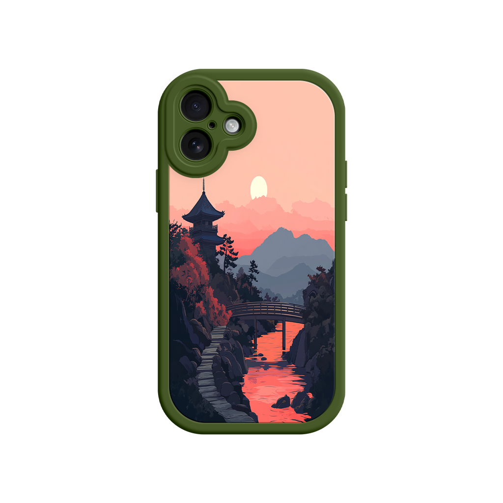 Japanese Sunset Landscape Phone Case – Scenic Pagoda Design for iPhone