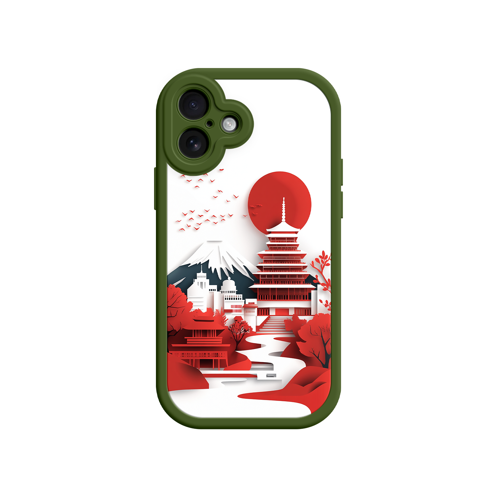 Japanese Pagoda & Mount Fuji Phone Case – Minimalist Red Sun Design for iPhone & Android