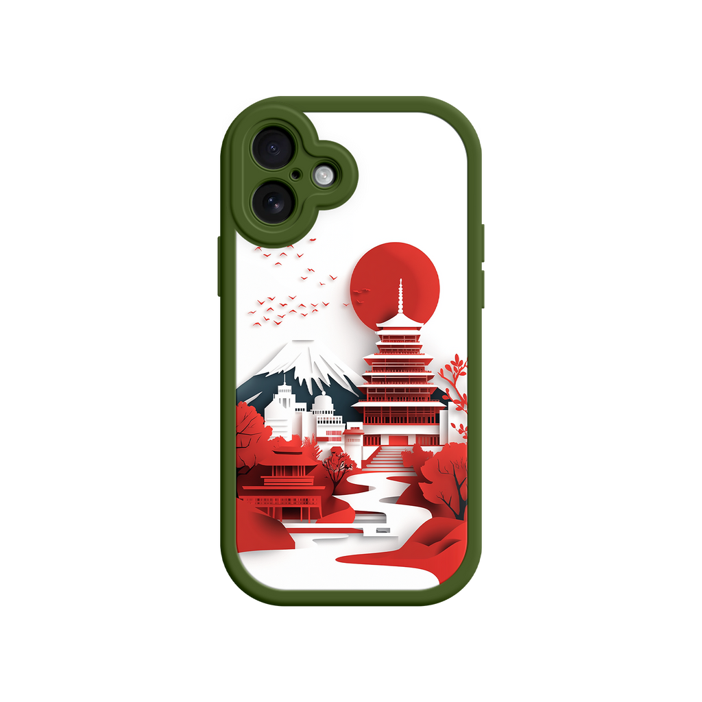 Japanese Pagoda & Mount Fuji Phone Case – Minimalist Red Sun Design for iPhone & Android