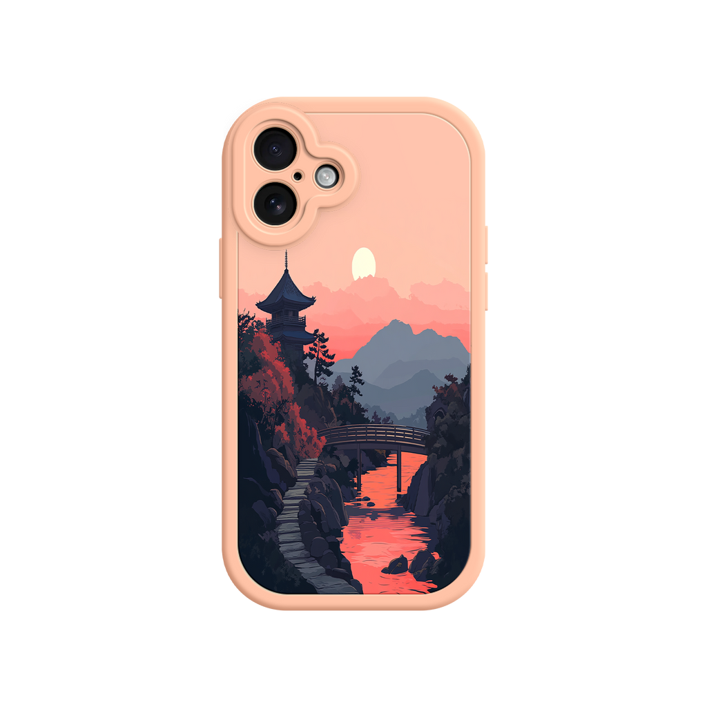 Japanese Sunset Landscape Phone Case – Scenic Pagoda Design for iPhone