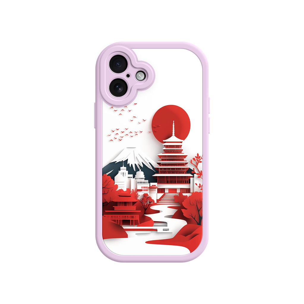 Japanese Pagoda & Mount Fuji Phone Case – Minimalist Red Sun Design for iPhone & Android