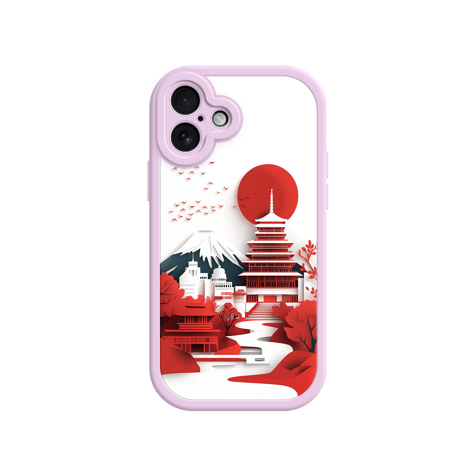 Japanese Pagoda & Mount Fuji Phone Case – Minimalist Red Sun Design for iPhone & Android