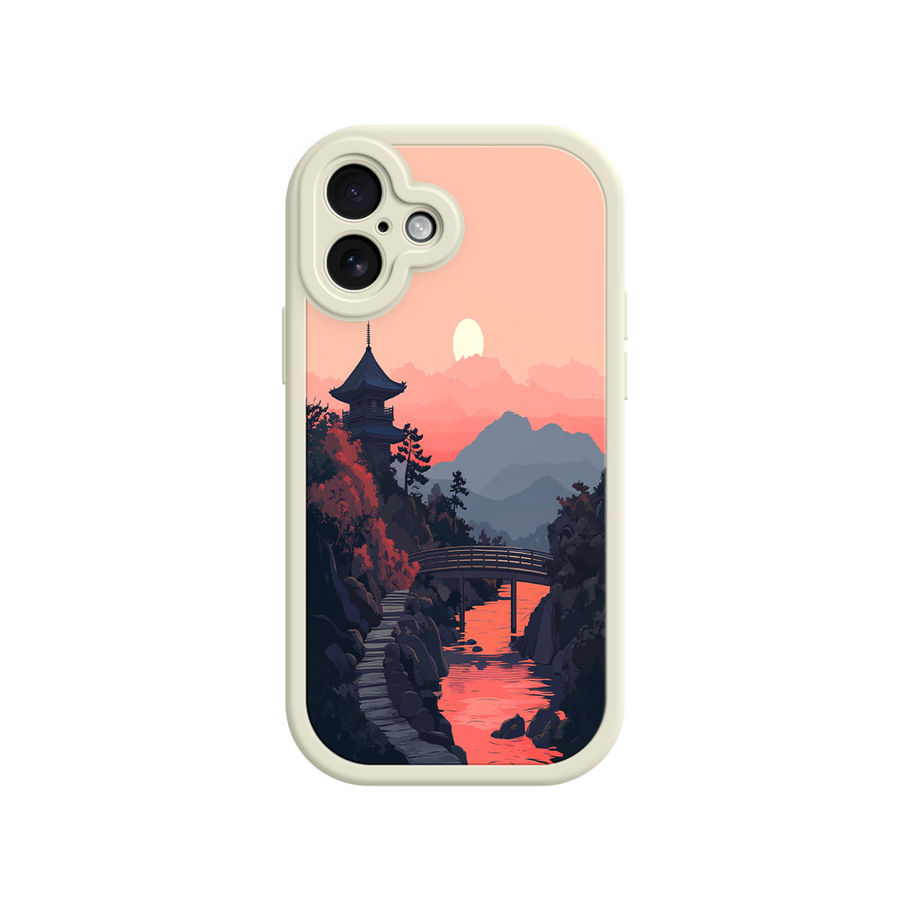 Japanese Sunset Landscape Phone Case – Scenic Pagoda Design for iPhone