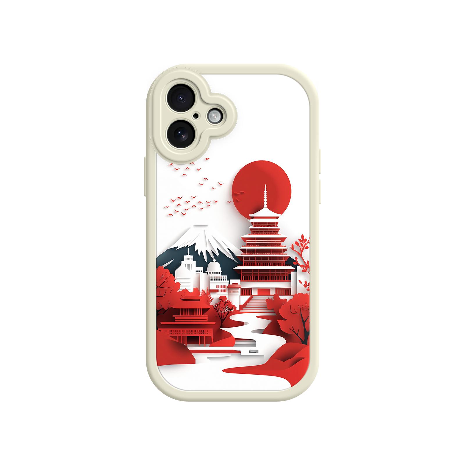 Japanese Pagoda & Mount Fuji Phone Case – Minimalist Red Sun Design for iPhone & Android