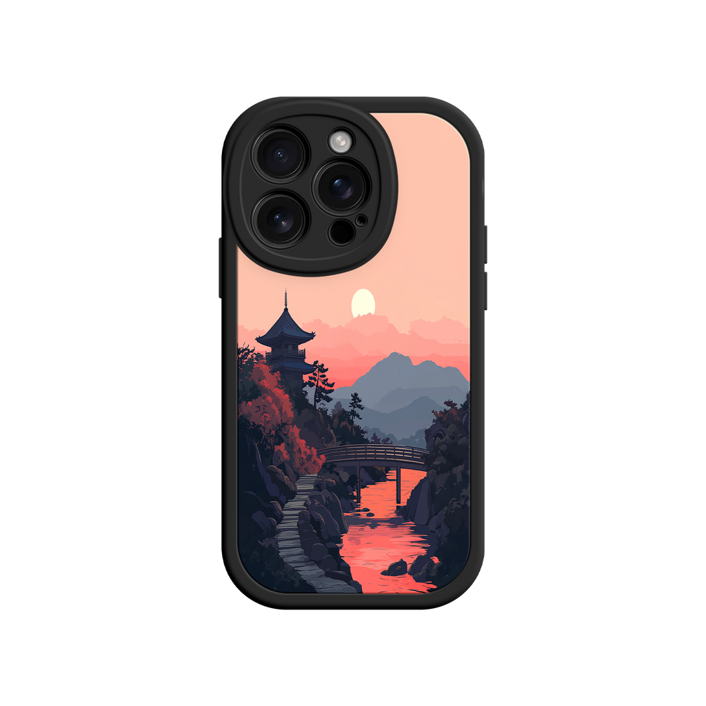 Japanese Sunset Landscape Phone Case – Scenic Pagoda Design for iPhone