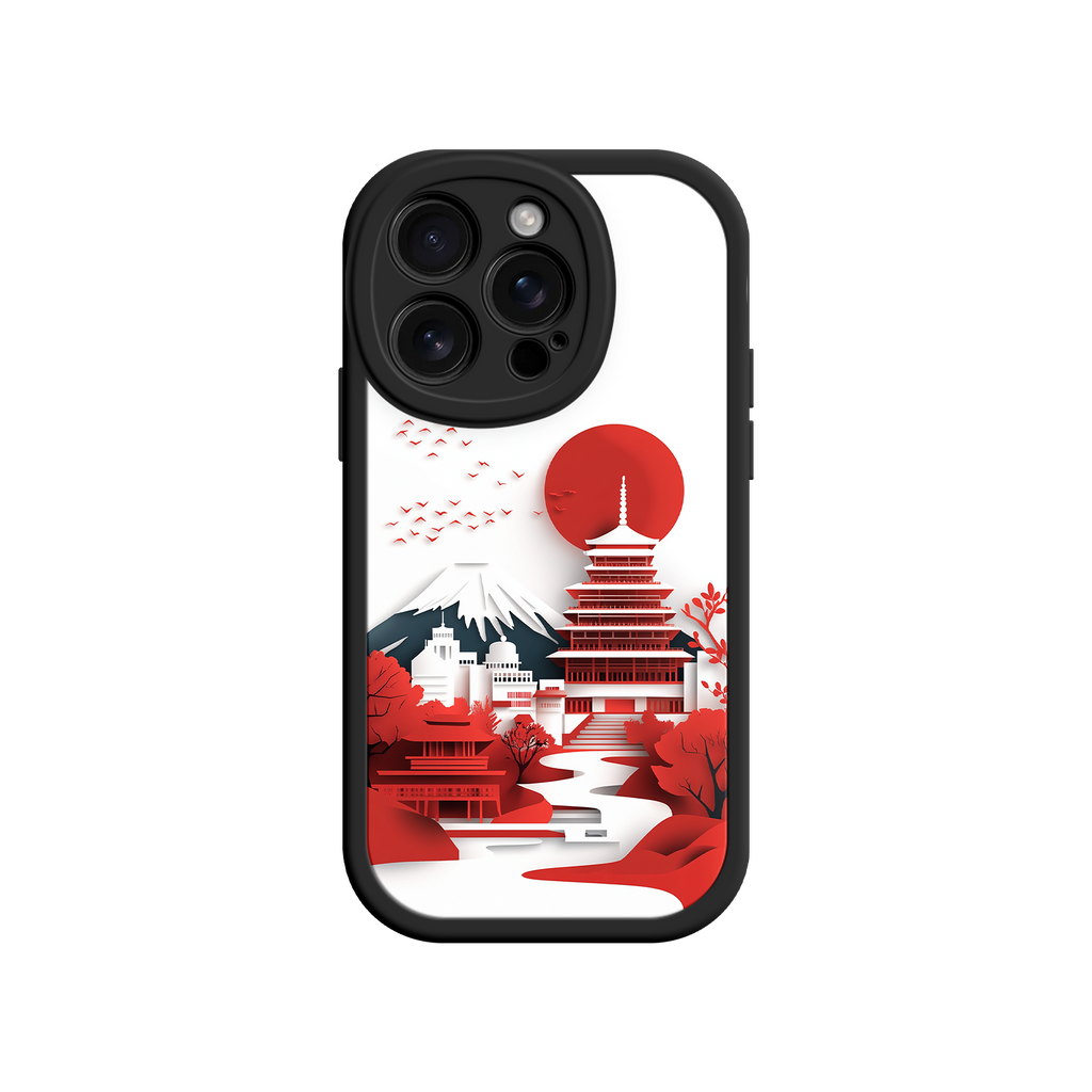 Japanese Pagoda & Mount Fuji Phone Case – Minimalist Red Sun Design for iPhone & Android