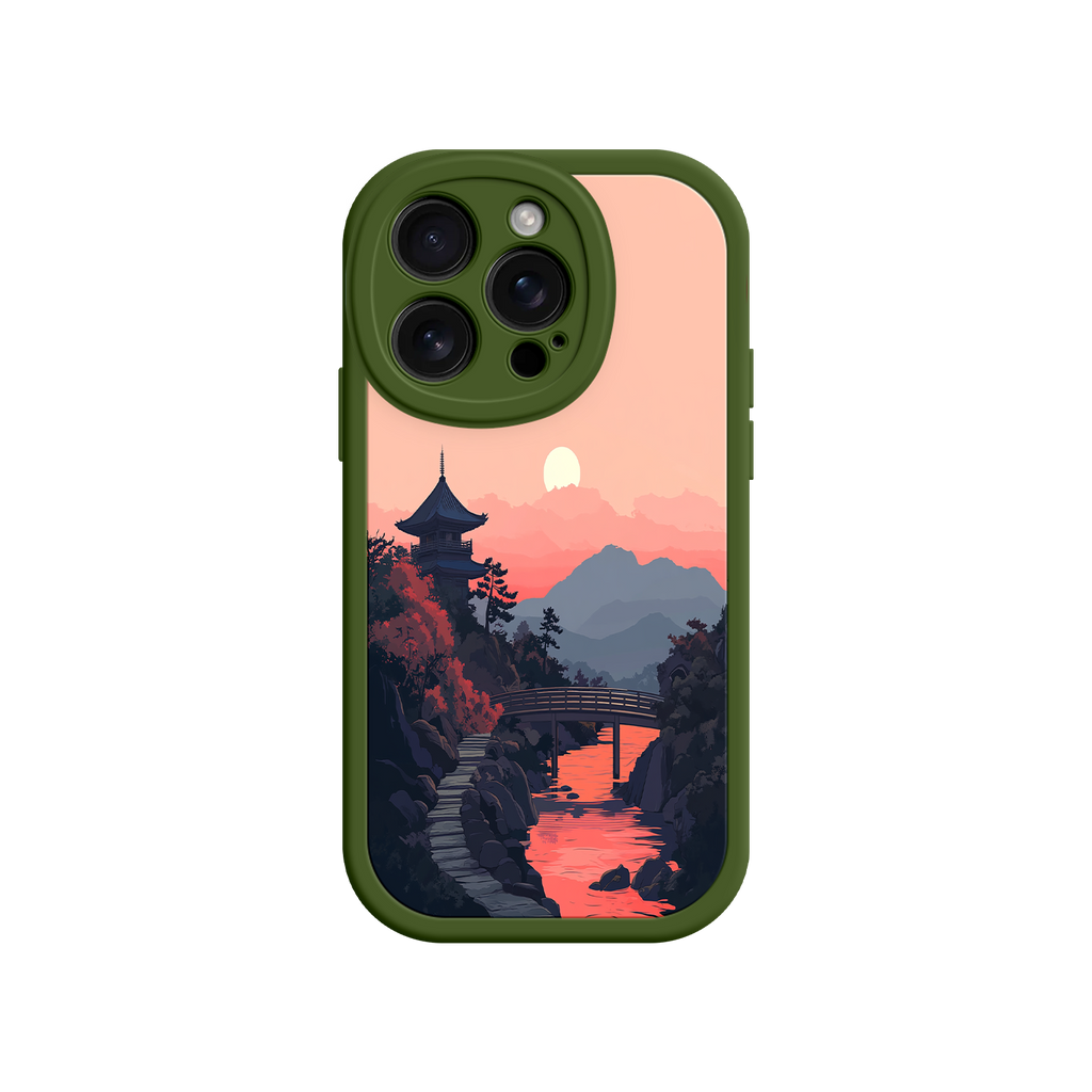 Japanese Sunset Landscape Phone Case – Scenic Pagoda Design for iPhone
