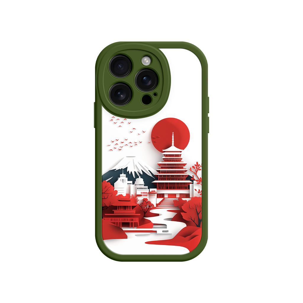 Japanese Pagoda & Mount Fuji Phone Case – Minimalist Red Sun Design for iPhone & Android