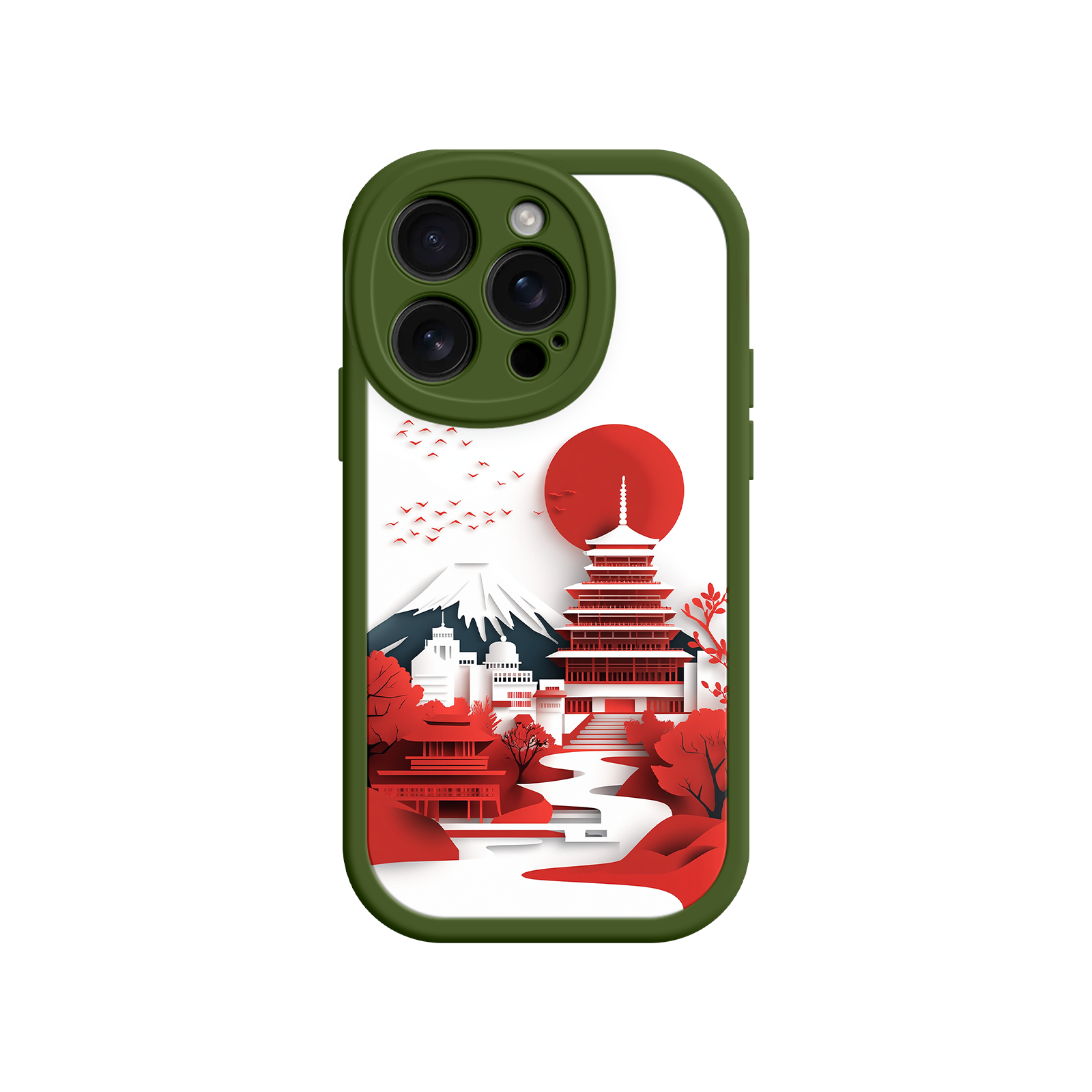 Japanese Pagoda & Mount Fuji Phone Case – Minimalist Red Sun Design for iPhone & Android