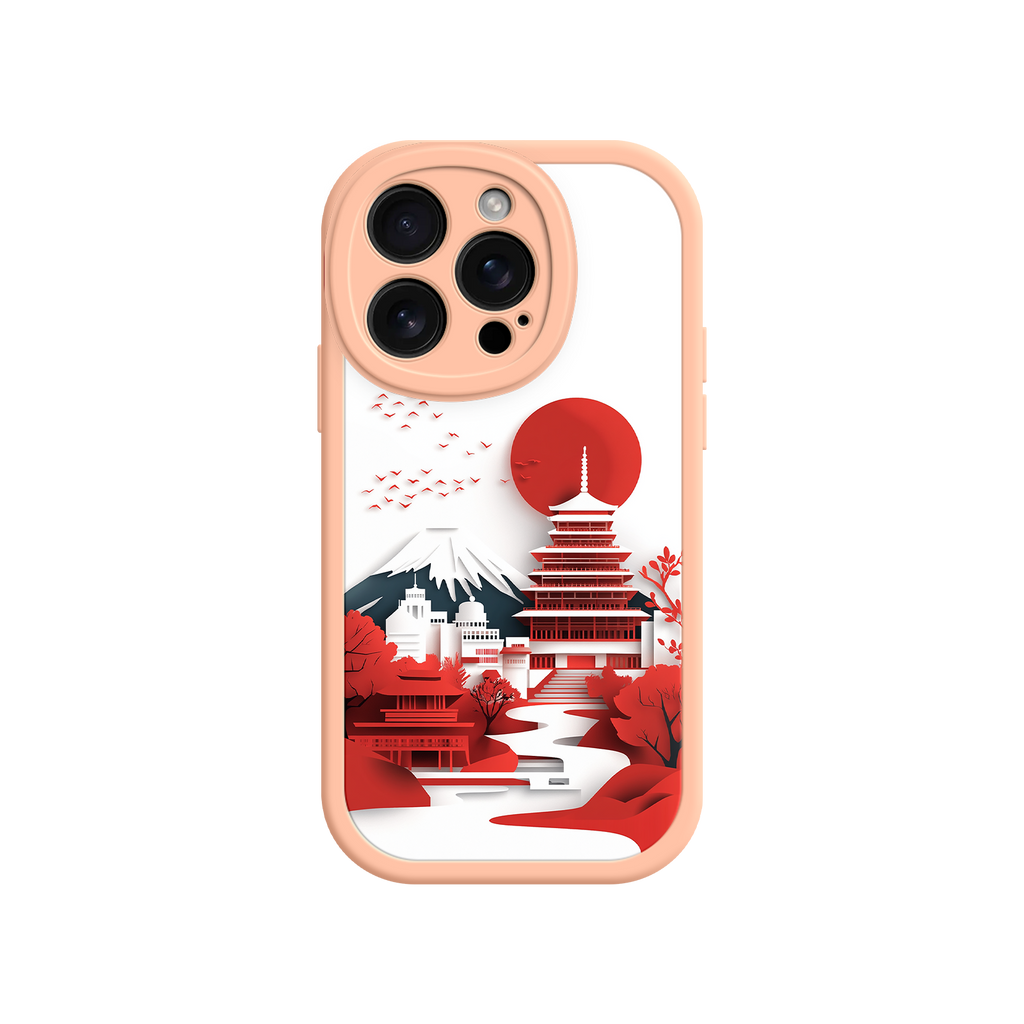 Japanese Pagoda & Mount Fuji Phone Case – Minimalist Red Sun Design for iPhone & Android