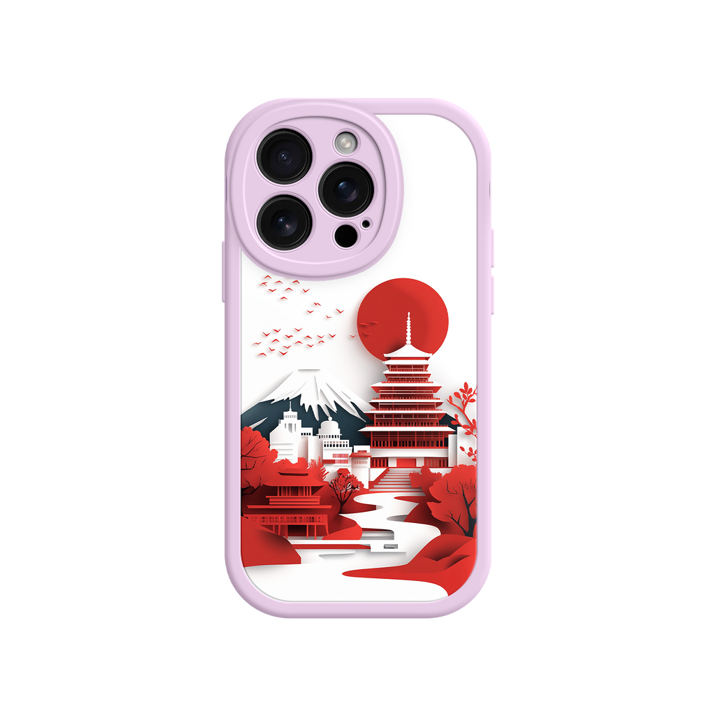 Japanese Pagoda & Mount Fuji Phone Case – Minimalist Red Sun Design for iPhone & Android
