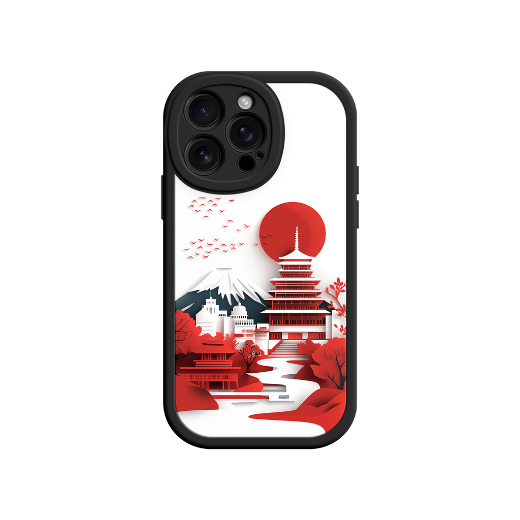 Japanese Pagoda & Mount Fuji Phone Case – Minimalist Red Sun Design for iPhone & Android
