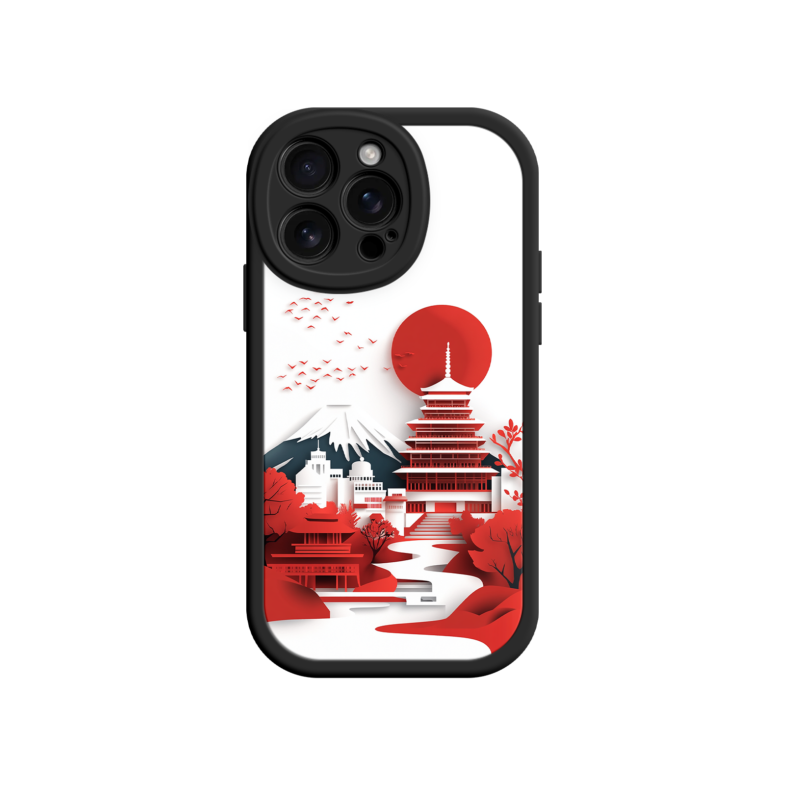 Japanese Pagoda & Mount Fuji Phone Case – Minimalist Red Sun Design for iPhone & Android