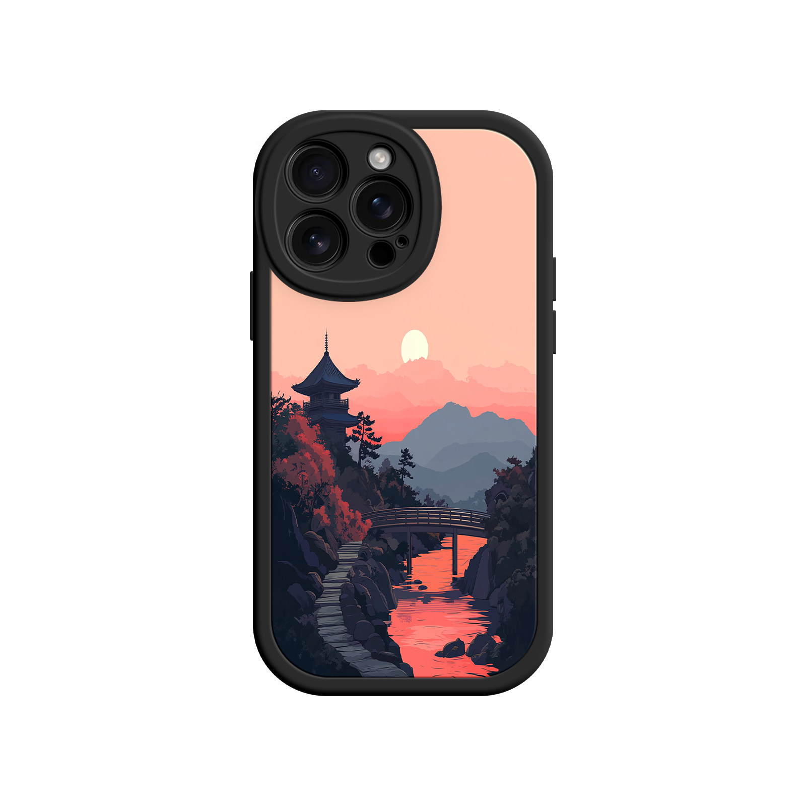 Japanese Sunset Landscape Phone Case – Scenic Pagoda Design for iPhone