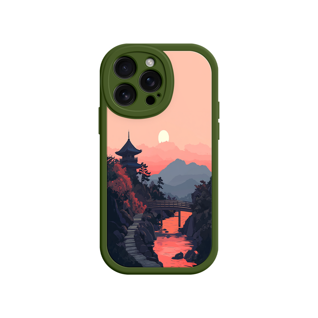 Japanese Sunset Landscape Phone Case – Scenic Pagoda Design for iPhone