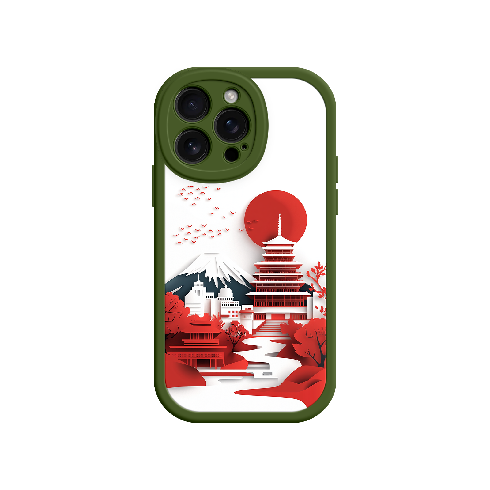 Japanese Pagoda & Mount Fuji Phone Case – Minimalist Red Sun Design for iPhone & Android