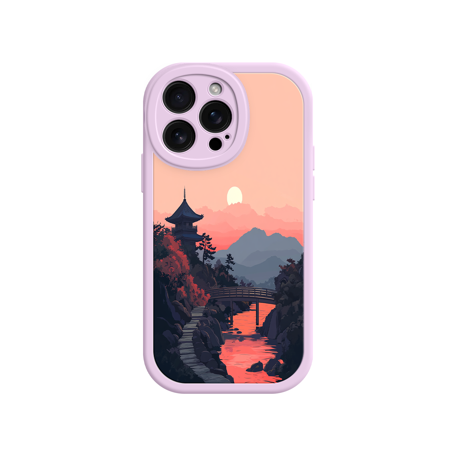 Japanese Sunset Landscape Phone Case – Scenic Pagoda Design for iPhone