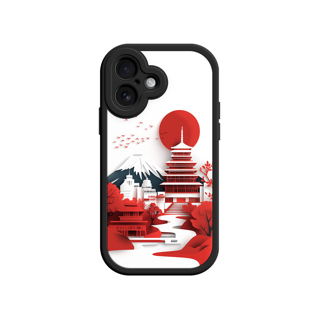 Japanese Pagoda & Mount Fuji Phone Case – Minimalist Red Sun Design for iPhone & Android