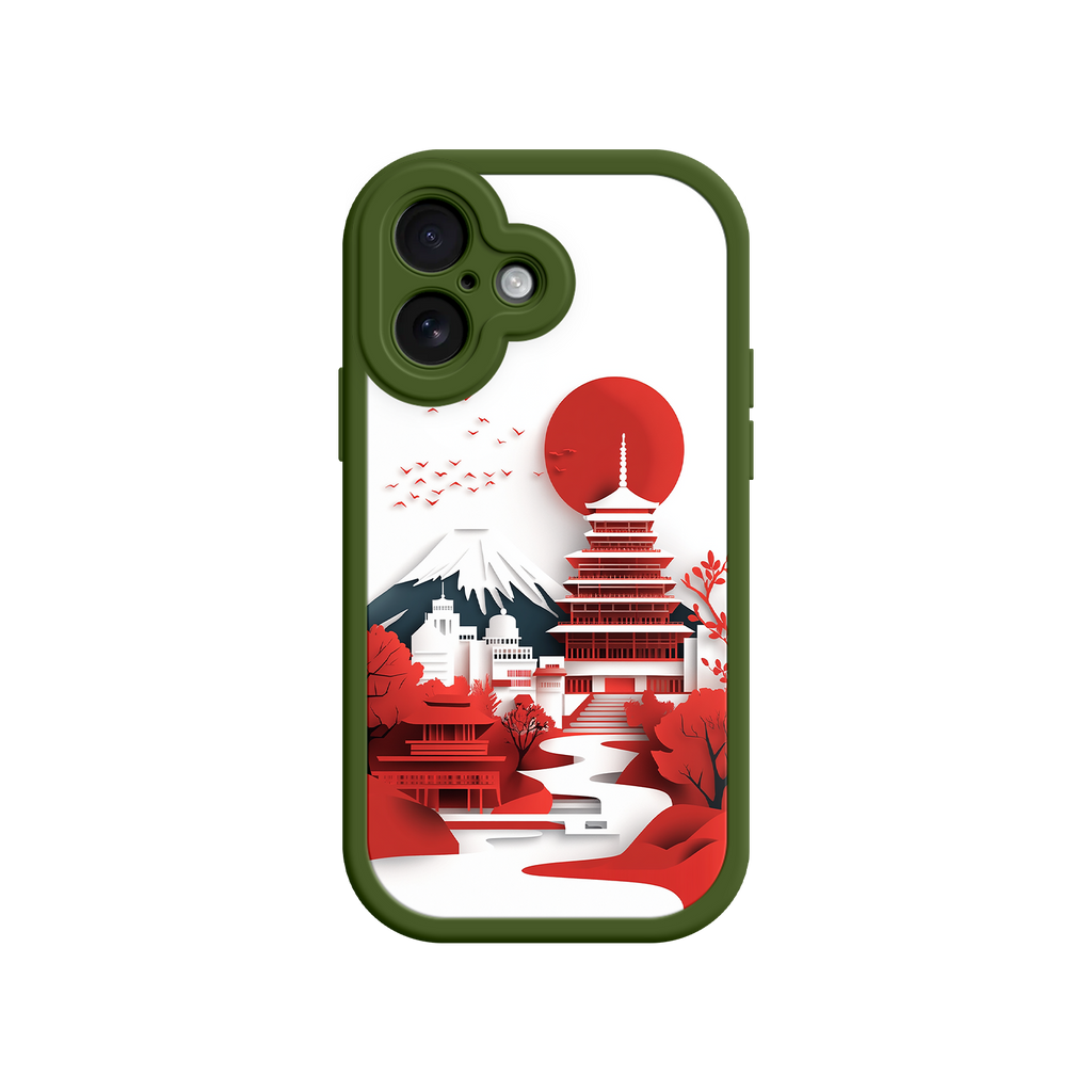 Japanese Pagoda & Mount Fuji Phone Case – Minimalist Red Sun Design for iPhone & Android