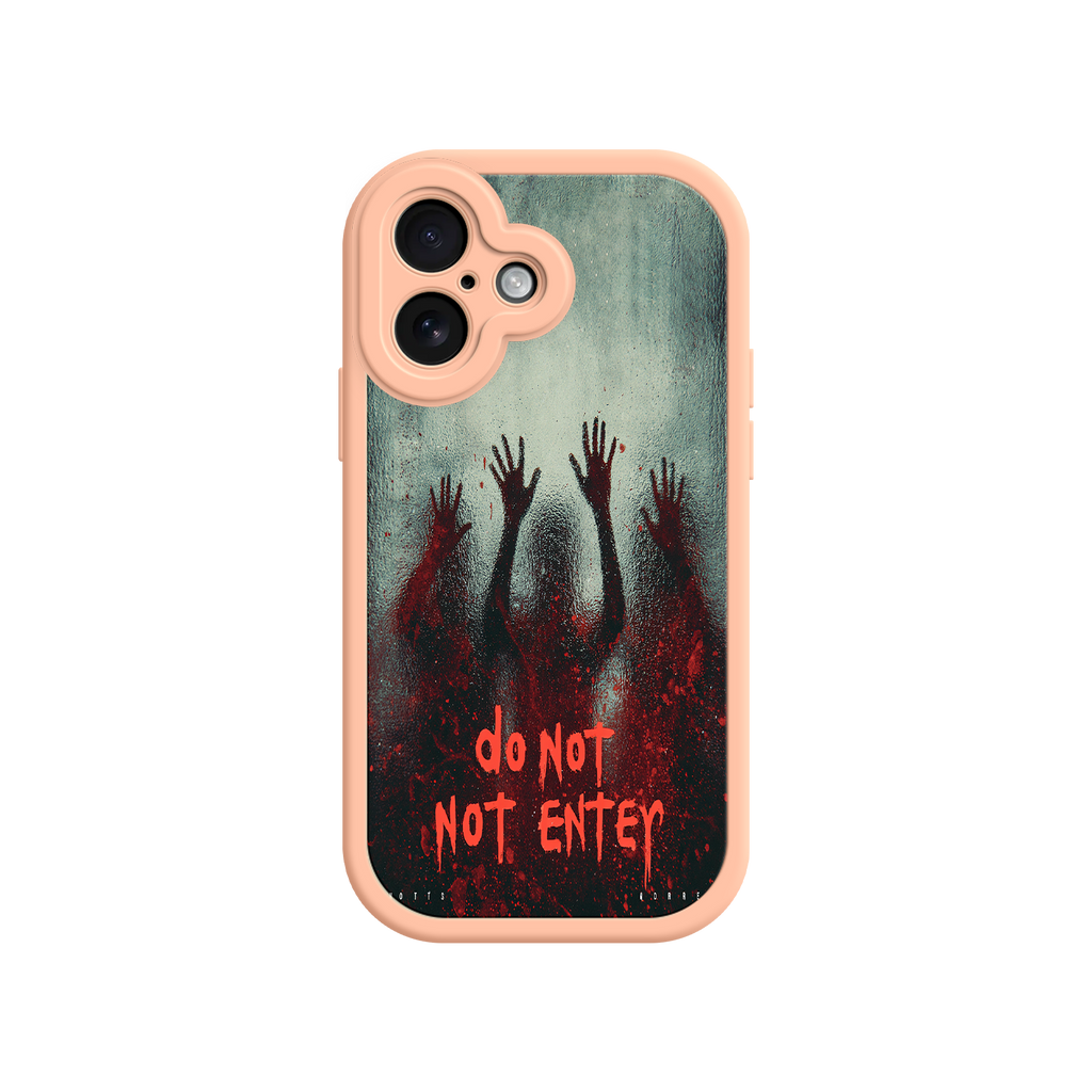 Creepy phone case with thriller-style warning message