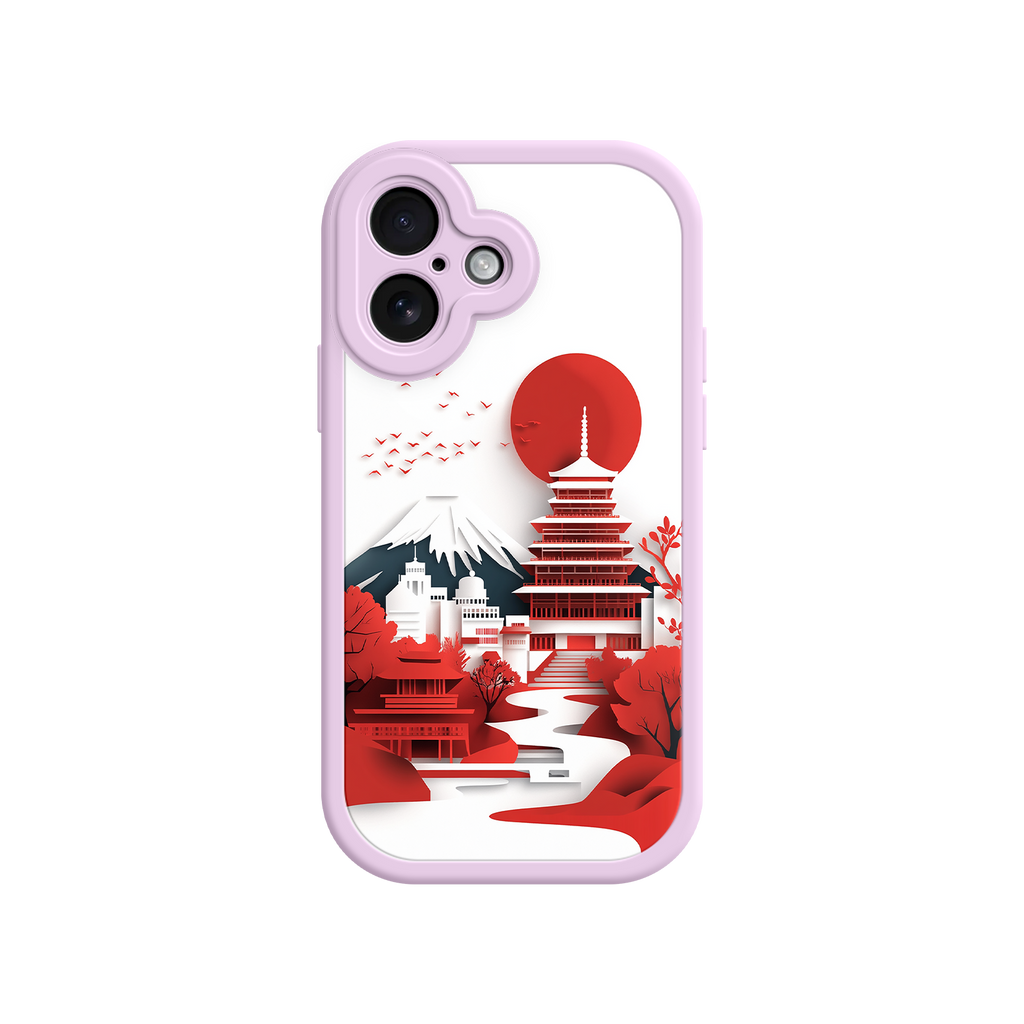 Japanese Pagoda & Mount Fuji Phone Case – Minimalist Red Sun Design for iPhone & Android