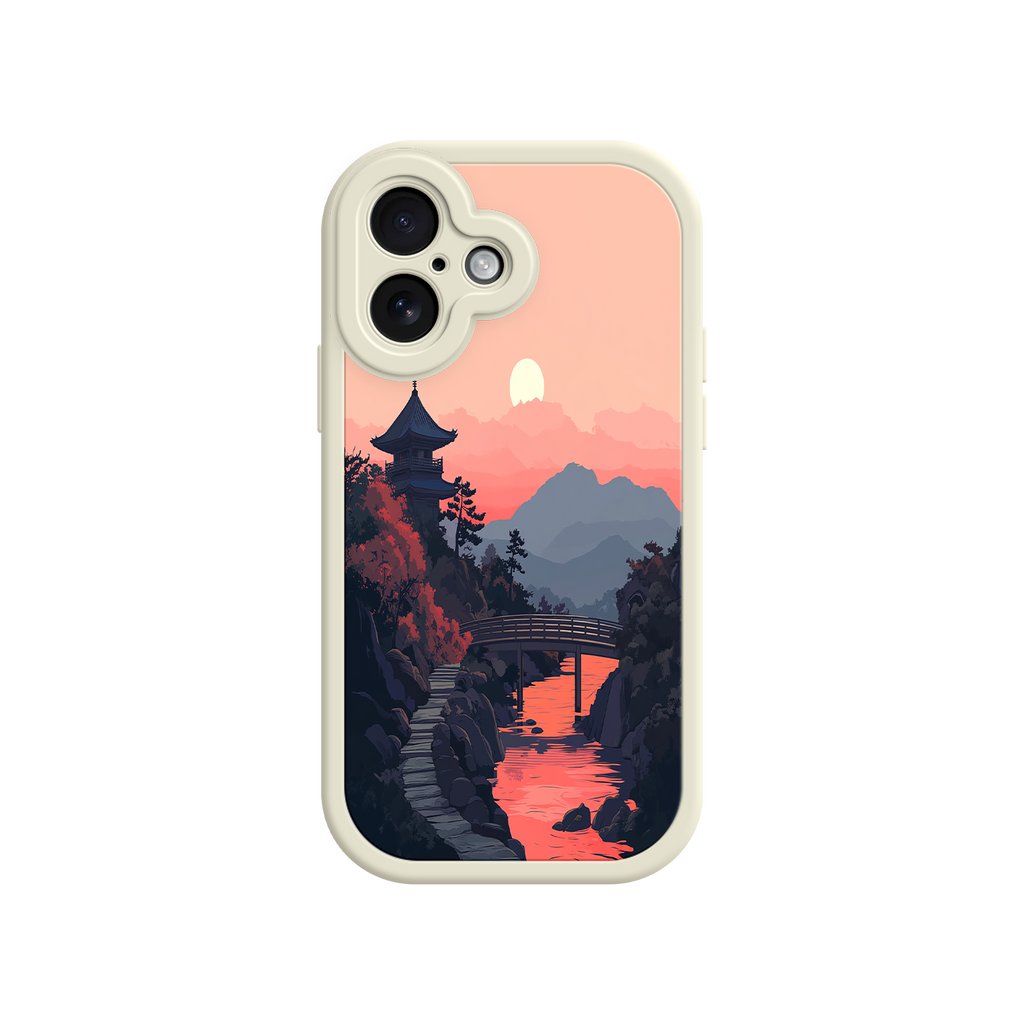 Japanese Sunset Landscape Phone Case – Scenic Pagoda Design for iPhone