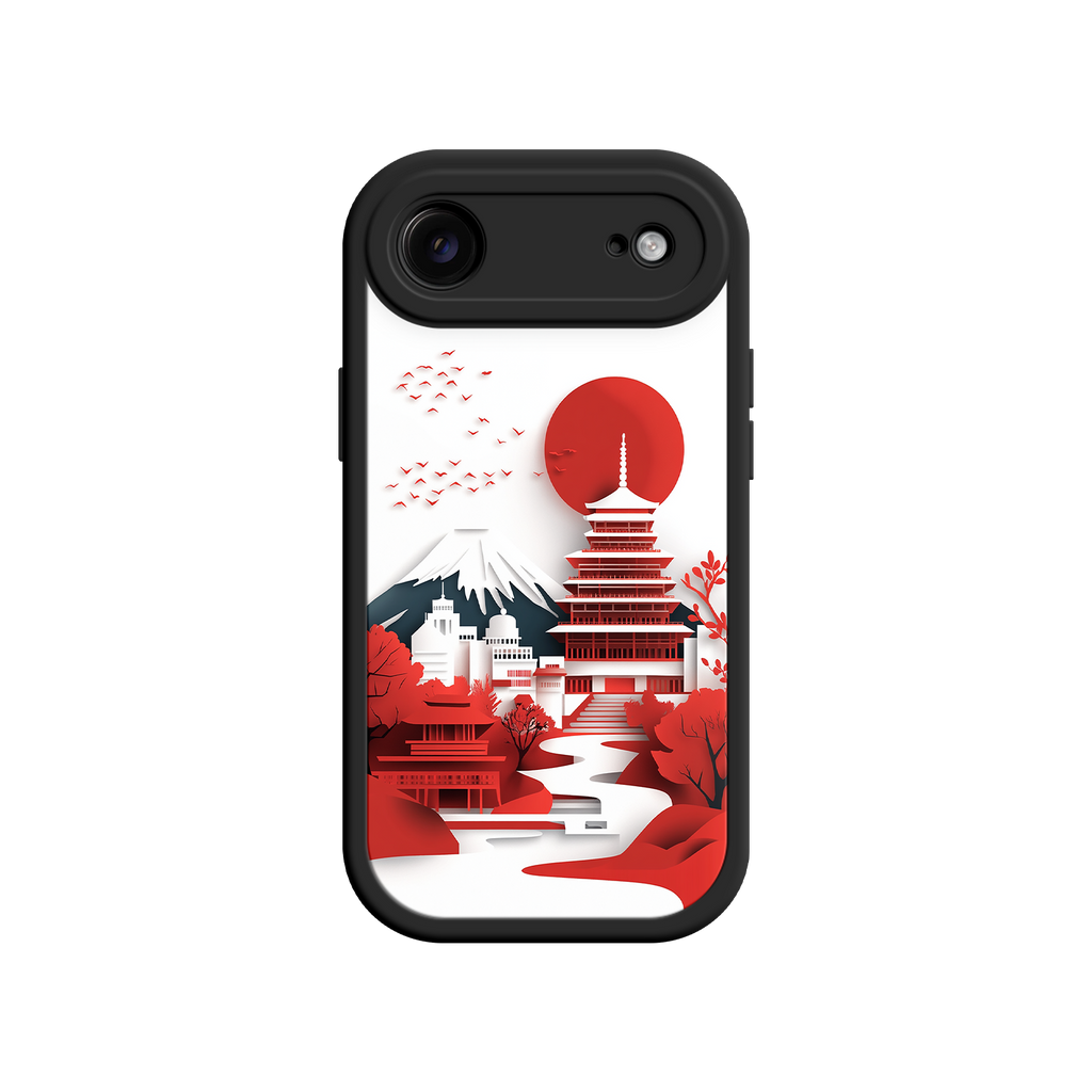 Japanese Pagoda & Mount Fuji Phone Case – Minimalist Red Sun Design for iPhone & Android