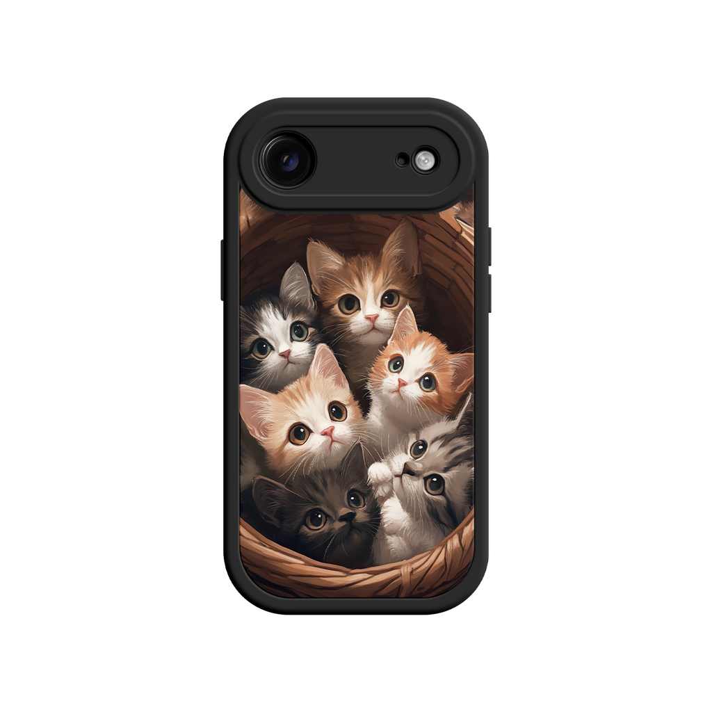 Pet-themed phone case with basket of cats