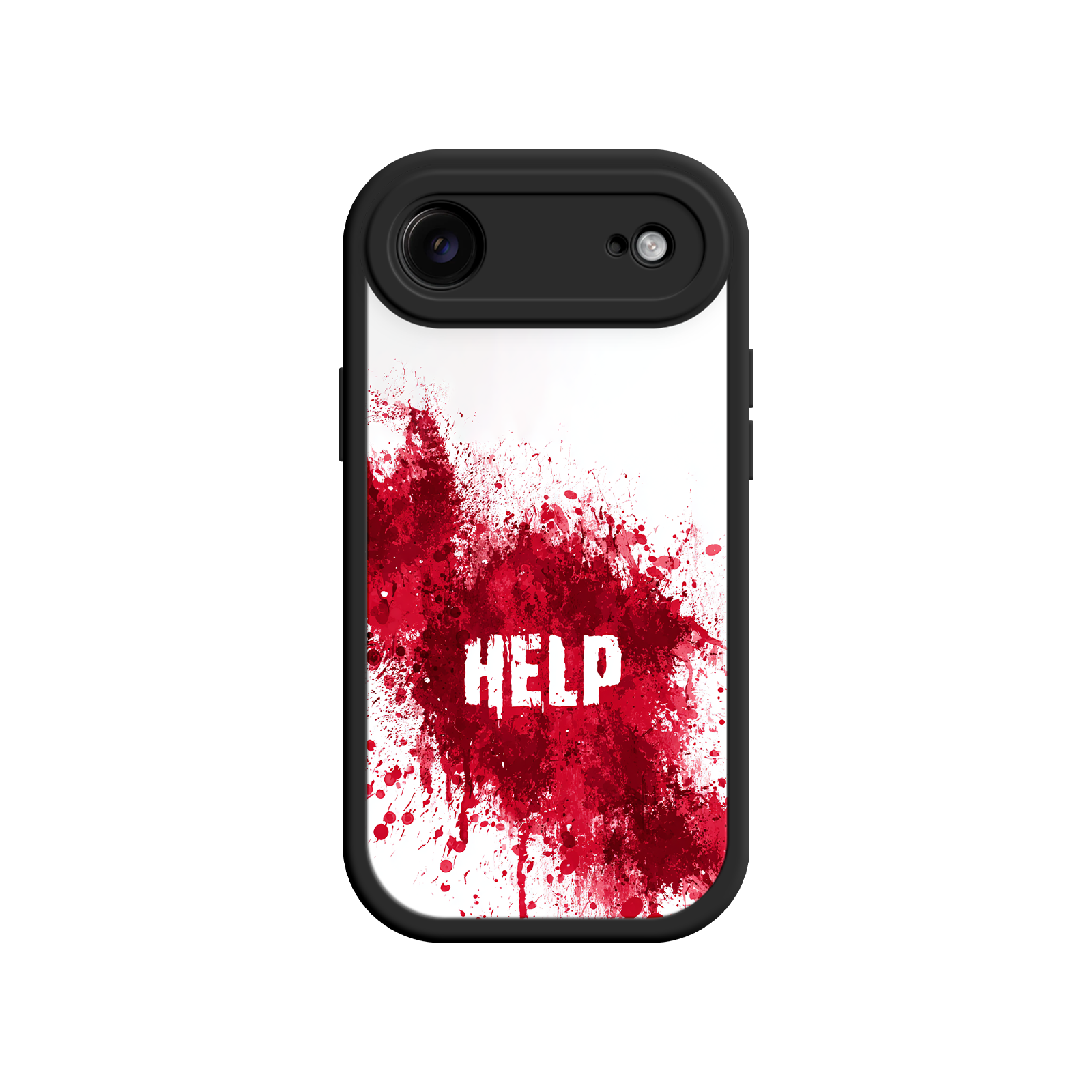 Graphic phone case with red splatter and bold “HELP” text