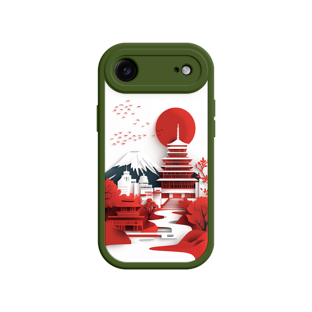 Japanese Pagoda & Mount Fuji Phone Case – Minimalist Red Sun Design for iPhone & Android