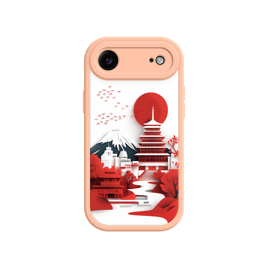 Japanese Pagoda & Mount Fuji Phone Case – Minimalist Red Sun Design for iPhone & Android